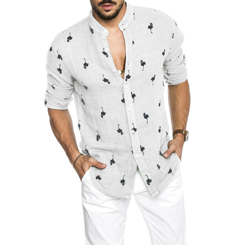 Men's linen long sleeve flamingos print shirt