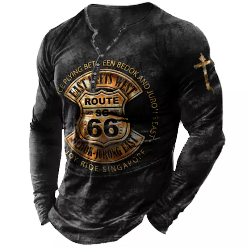 Men's Vintage Route 66 Print Henley Collar T-Shirt
