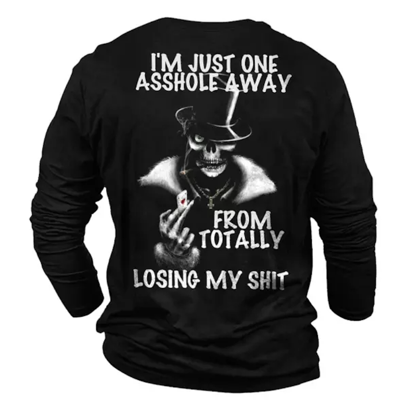 Men's Skull Poker Print Long Sleeve Cotton T-Shirt