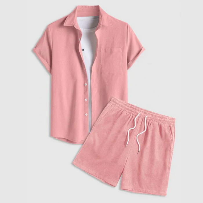 Drawstring Casual Solid Color Shirt And Shorts Set