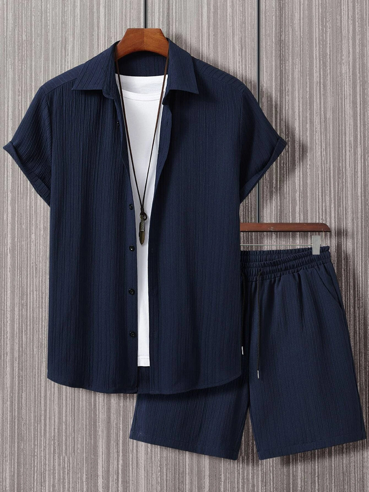 Solid Button Shirt With Drawstring Waist Shorts