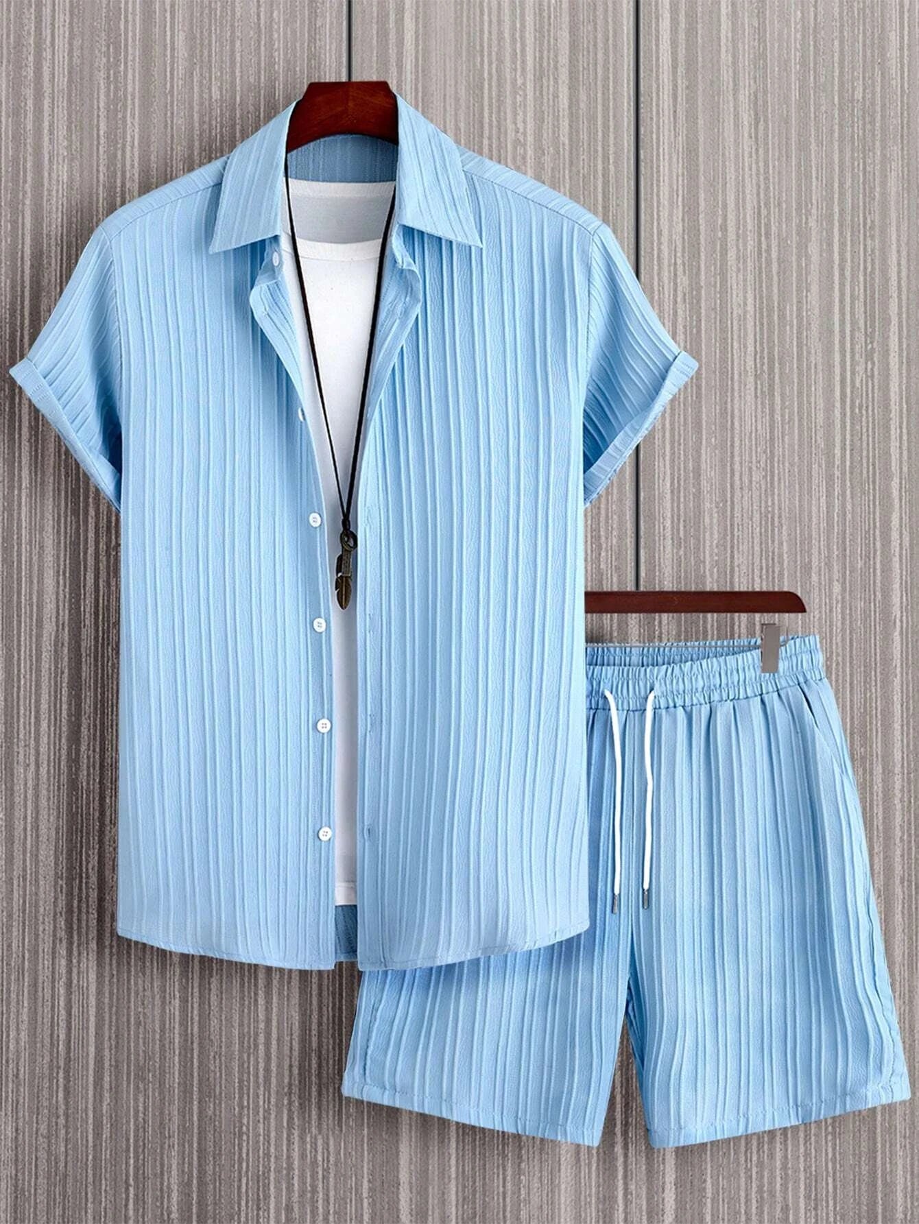 Solid Button Shirt With Drawstring Waist Shorts
