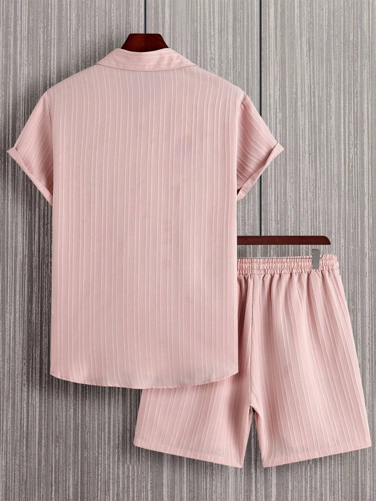 Solid Button Shirt With Drawstring Waist Shorts