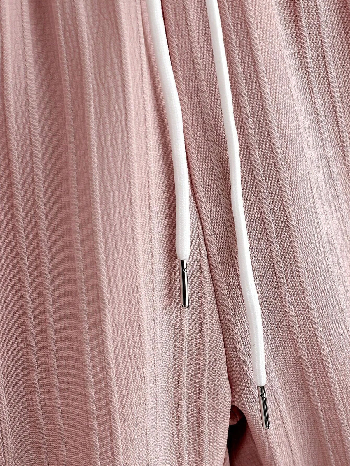 Solid Button Shirt With Drawstring Waist Shorts