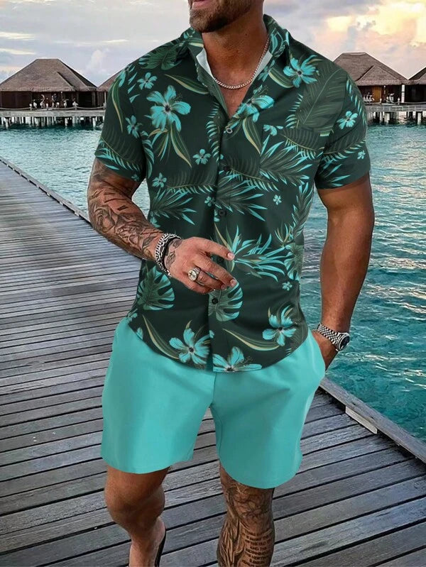 Tropical Print Pattern Shirt With Shorts