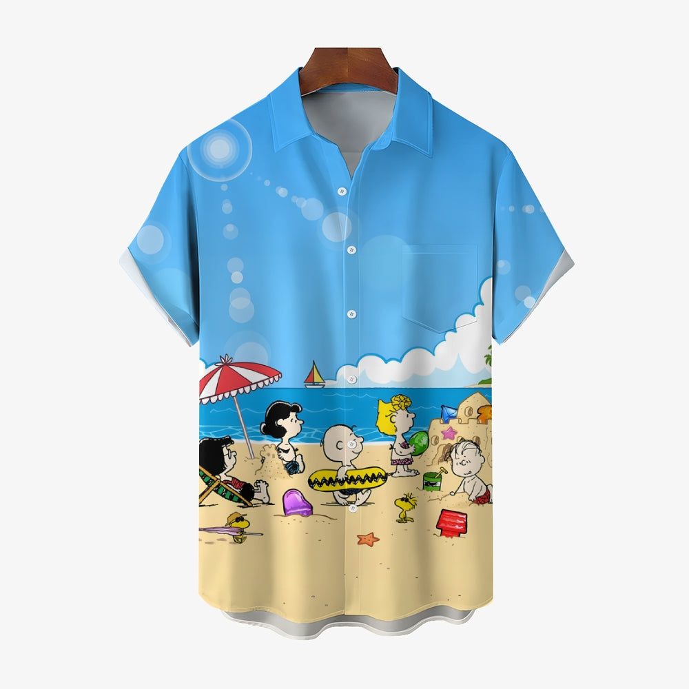 Beach Day Scene Printed Button Up Shirt