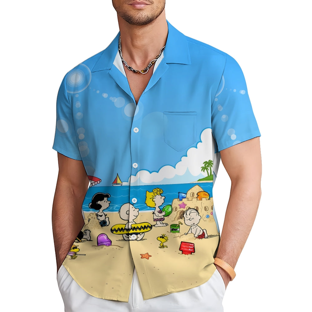 Beach Day Scene Printed Button Up Shirt