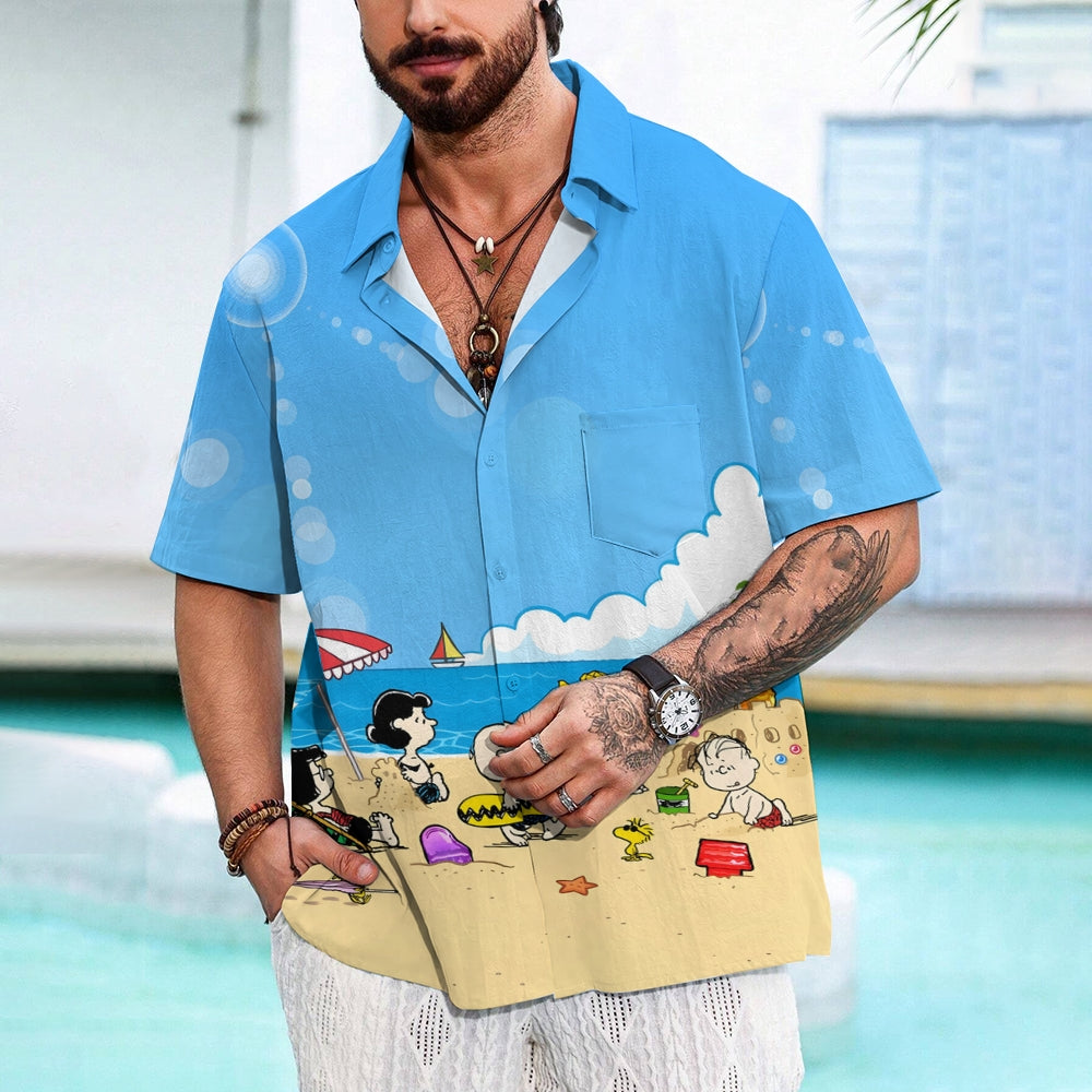 Beach Day Scene Printed Button Up Shirt