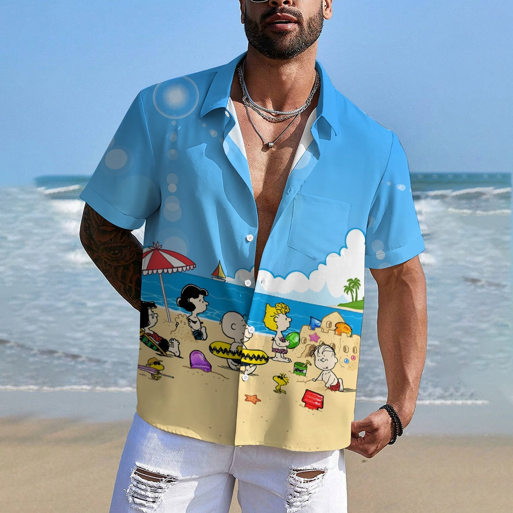 Beach Day Scene Printed Button Up Shirt