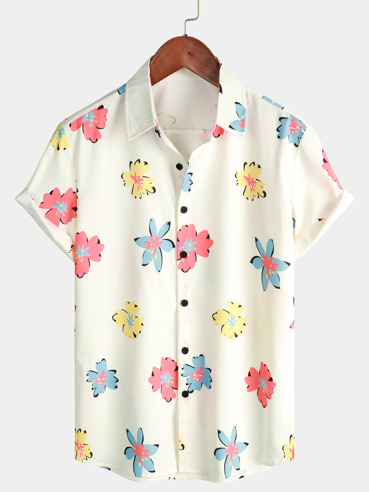 Men Summer Floral Print Button Up Short Sleeve Shirt