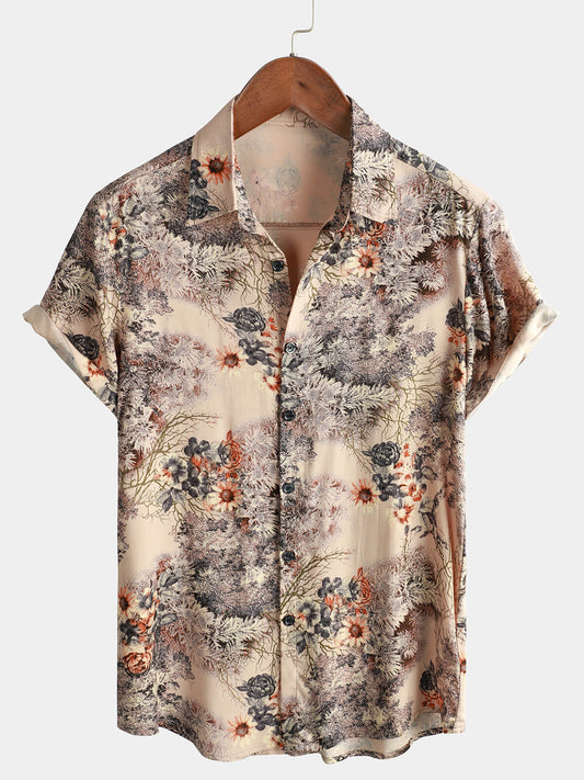 Men Floral Print Retro Casual Button Up Shirt