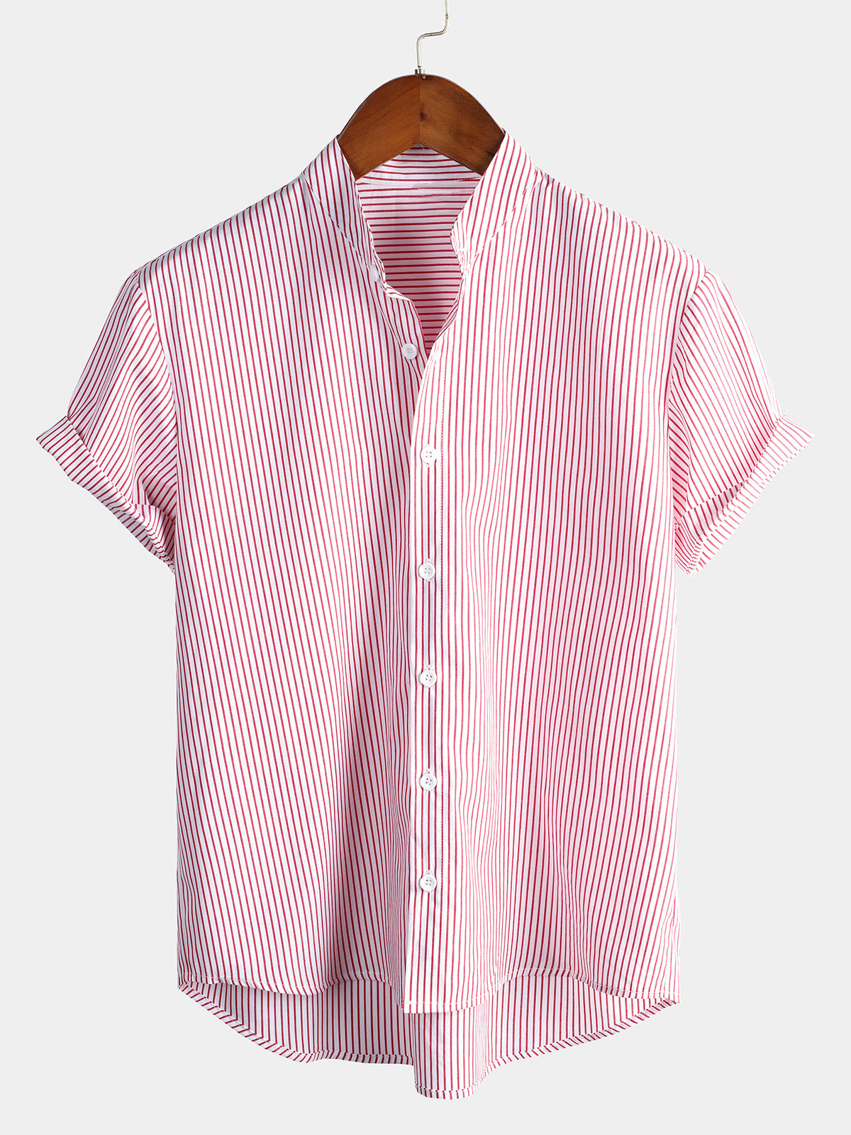 Men Stand Collar Striped Short Sleeve Shirt