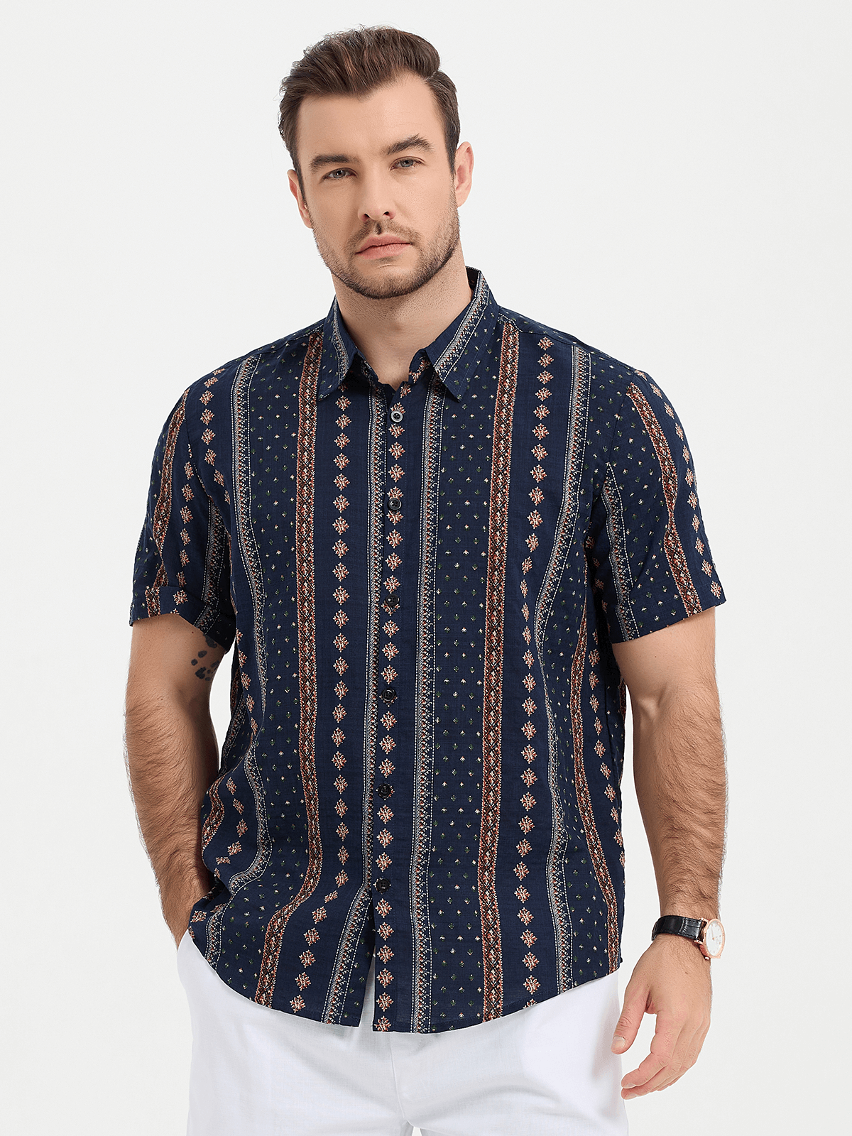 Men Retro Button Up Short Sleeve Shirt