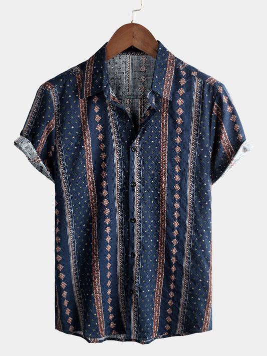 Men Retro Button Up Short Sleeve Shirt