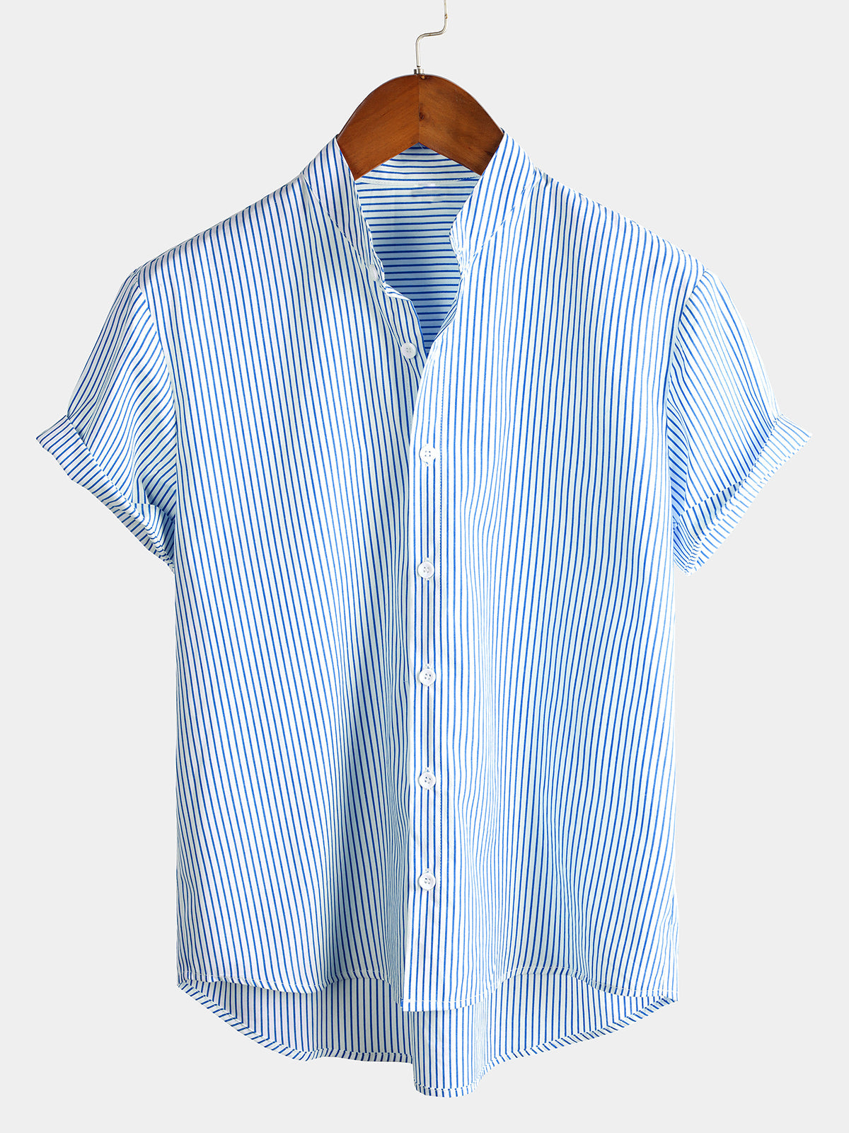 Men Stand Collar Striped Short Sleeve Shirt