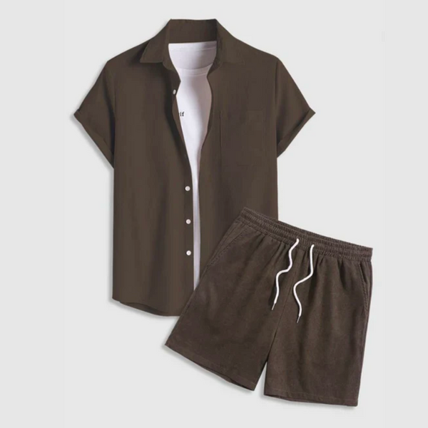 Drawstring Casual Solid Color Shirt And Shorts Set