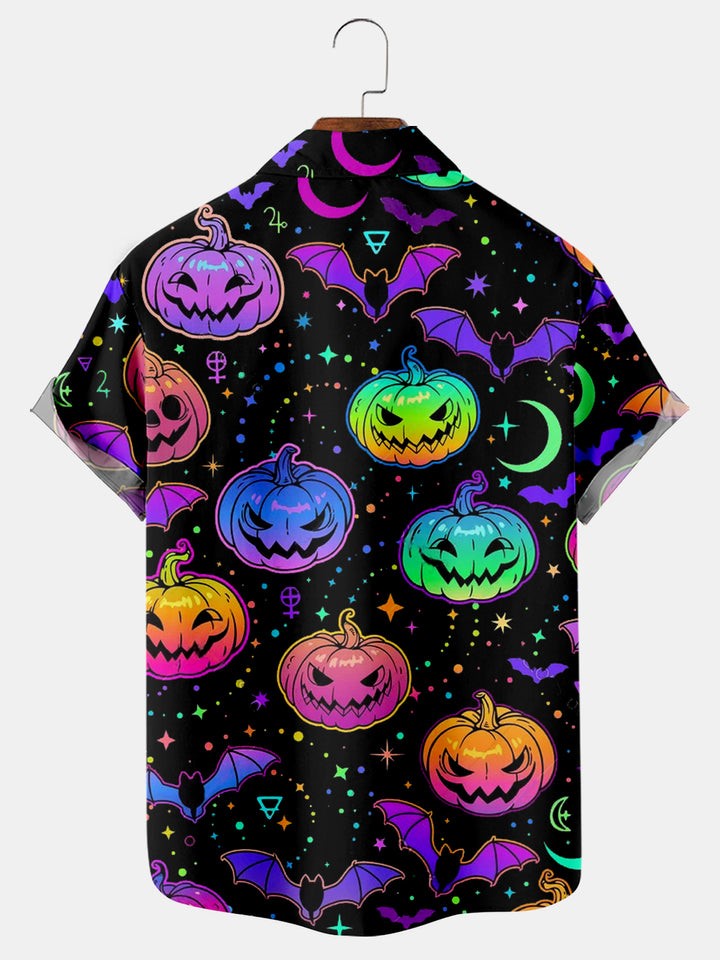 Casual Halloween Fluorescent Pumpkin Print Shirt