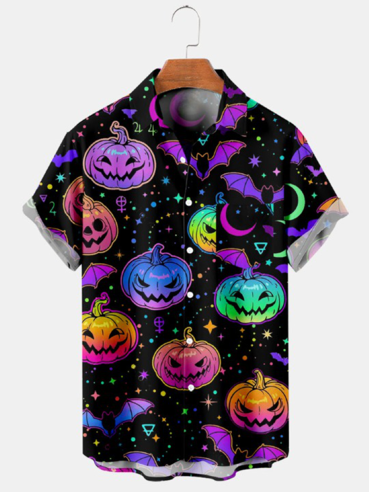 Casual Halloween Fluorescent Pumpkin Print Shirt