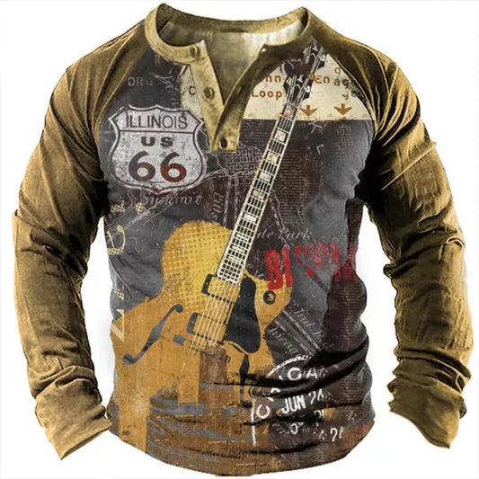 Men's Vintage Outdoor Print Long Sleeve Henley T-Shirt