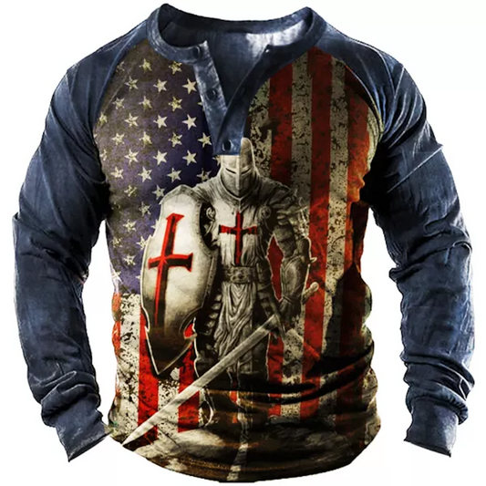 American Knight Cross Print Henley Men's T-Shirt