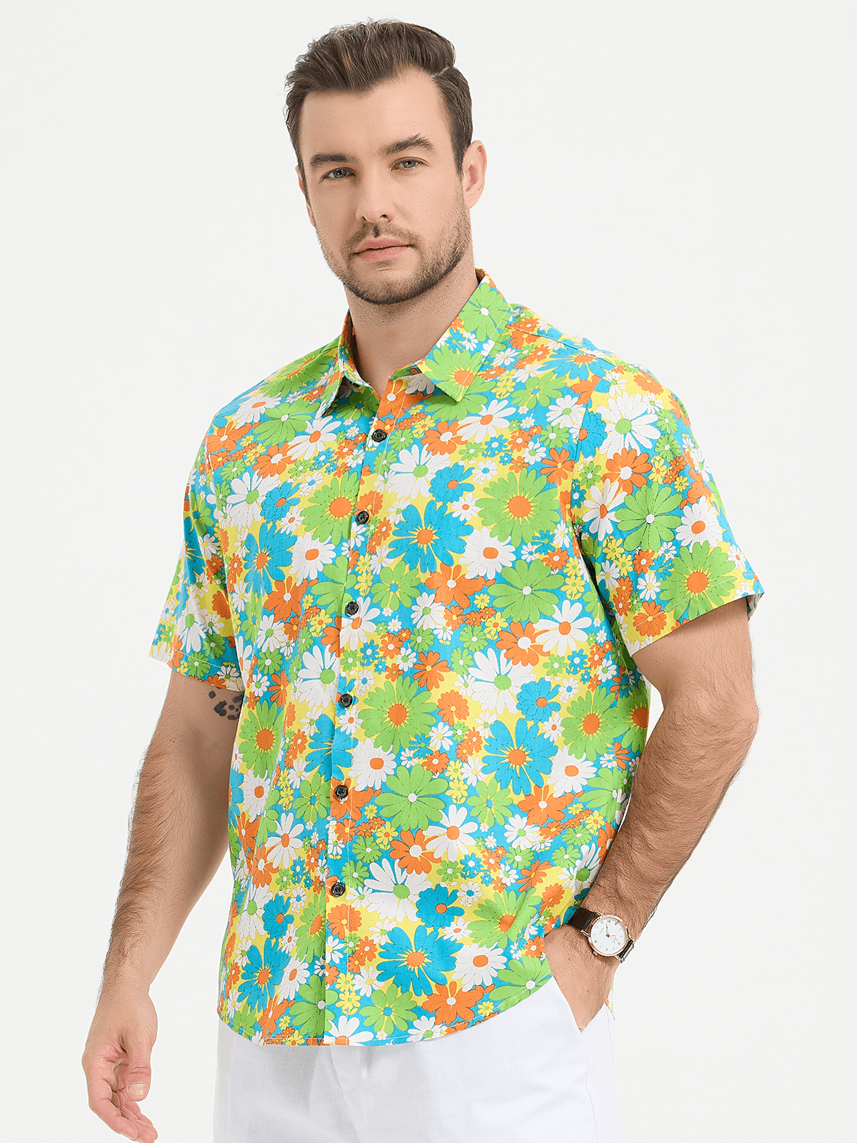 Men Striped And Floral Short Sleeve Shirts