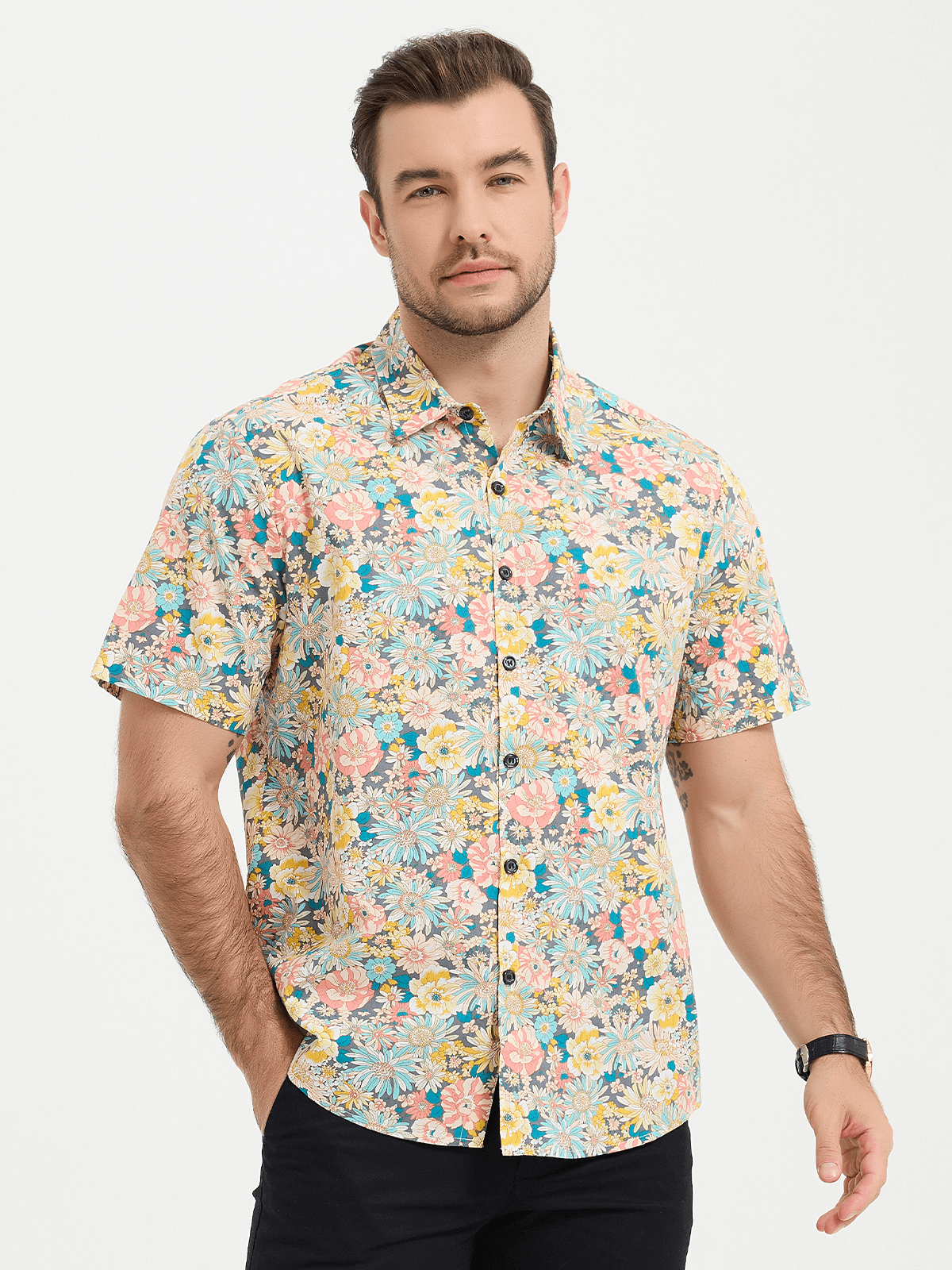 Men Striped And Floral Short Sleeve Shirts