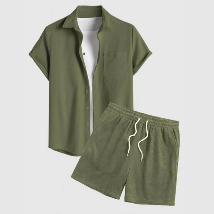 Drawstring Casual Solid Color Shirt And Shorts Set