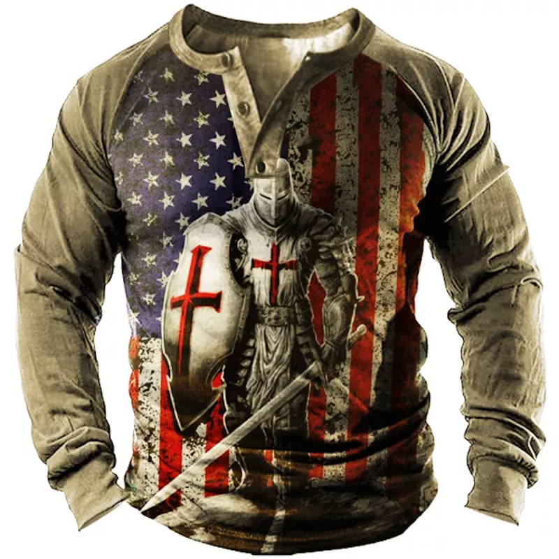 American Knight Cross Print Henley Men's T-Shirt