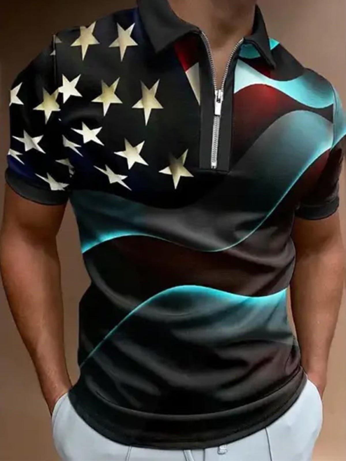 American Flag Print Short Sleeve Polo T Shirt