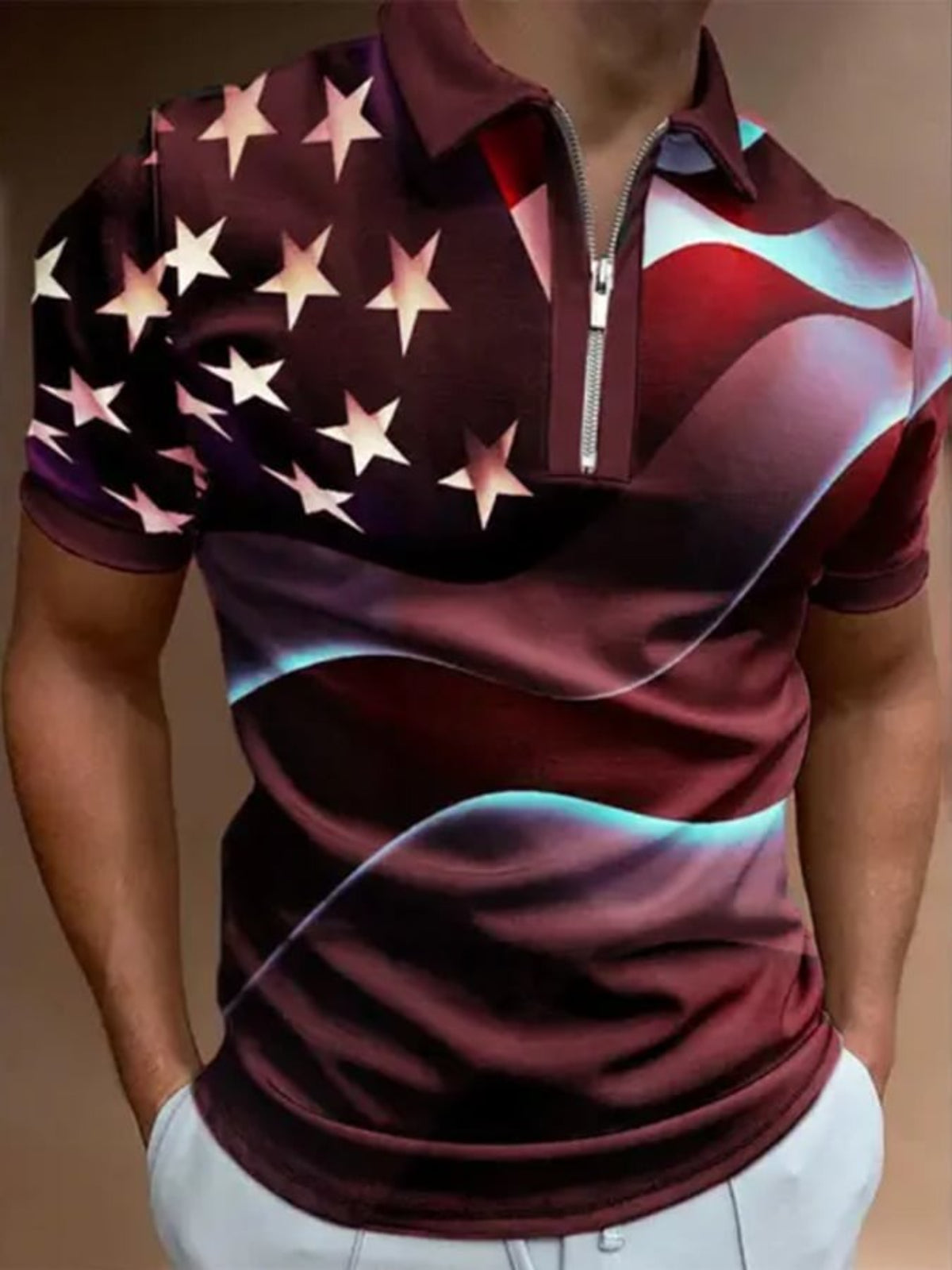 American Flag Print Short Sleeve Polo T Shirt