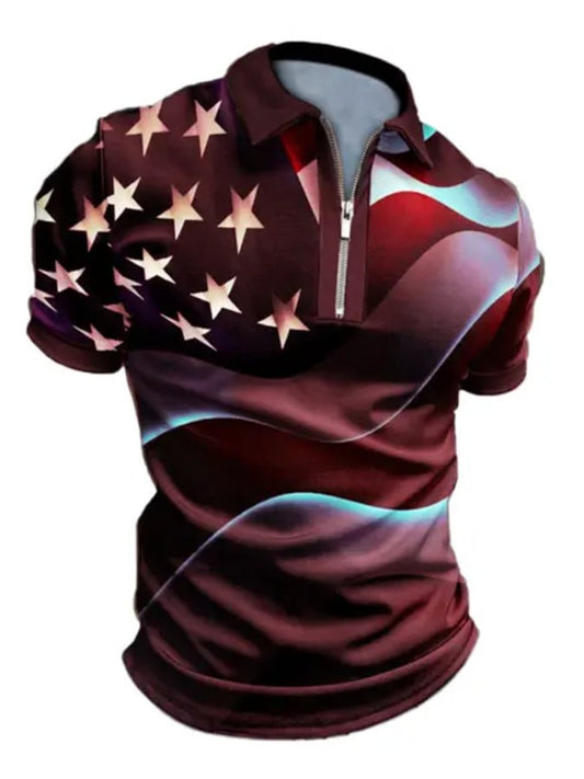 American Flag Print Short Sleeve Polo T Shirt