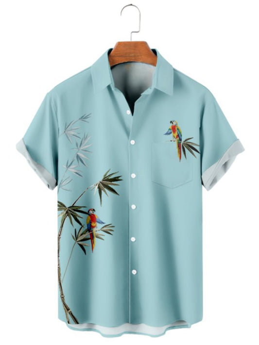 Bamboo And Parrot Print Short Sleeve Shirt