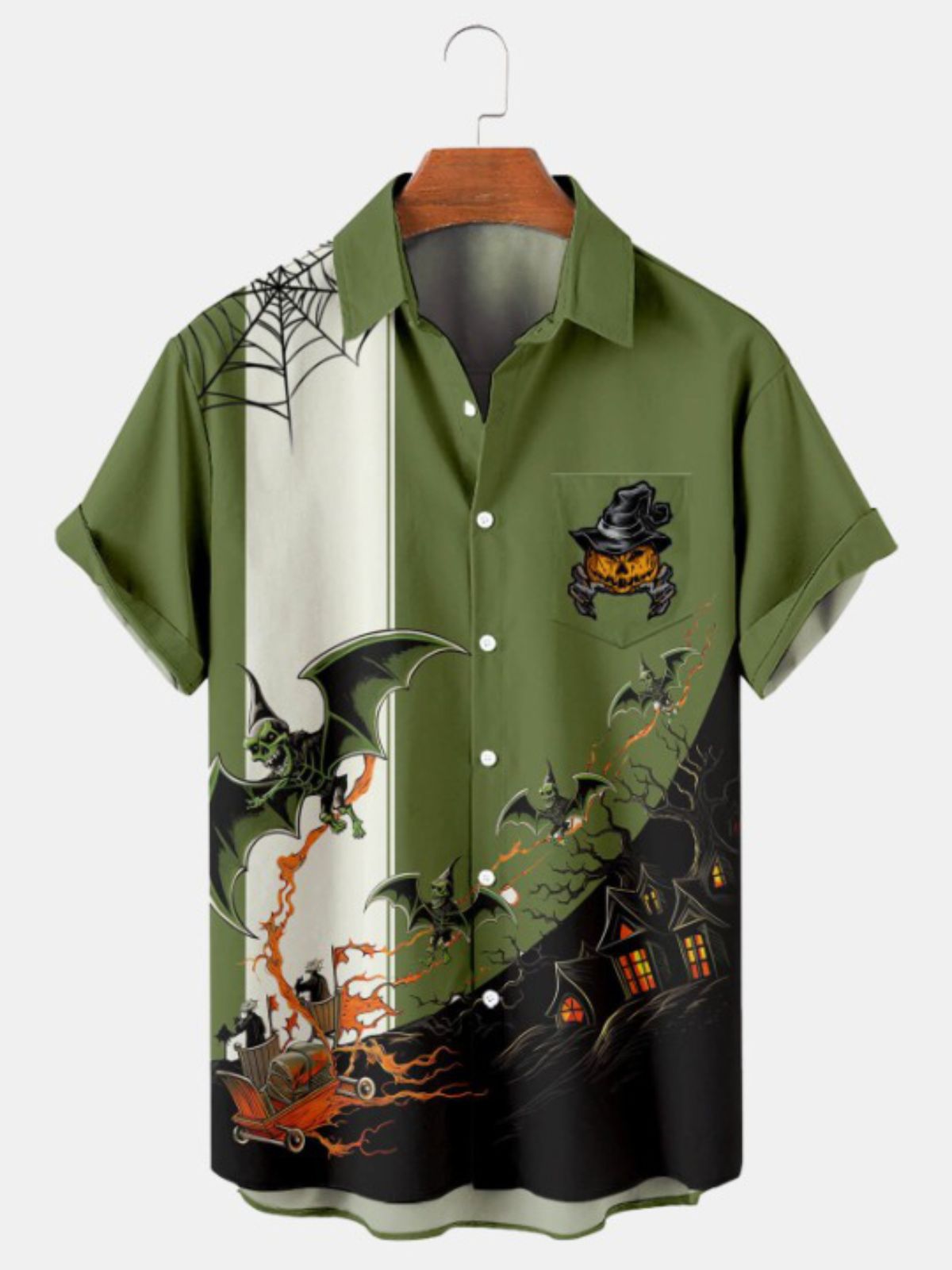 Bat Pumpkin Print Pocket Short Sleeve Shirt