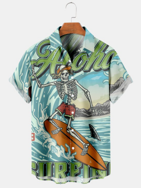 Cartoon Aloha Surfing Print Short Sleeve Shirt