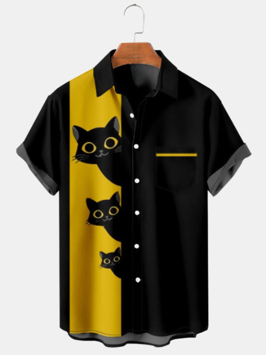 Cartoon Cat Print Pocket Short Sleeved Shirt