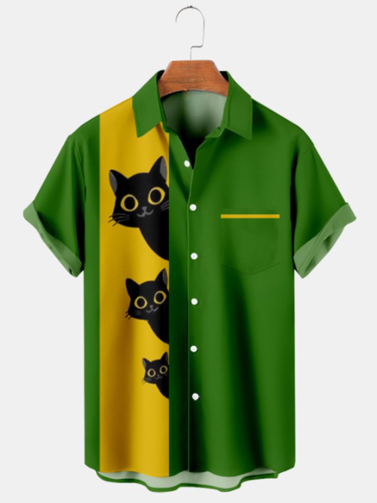 Cartoon Cat Print Pocket Short Sleeved Shirt