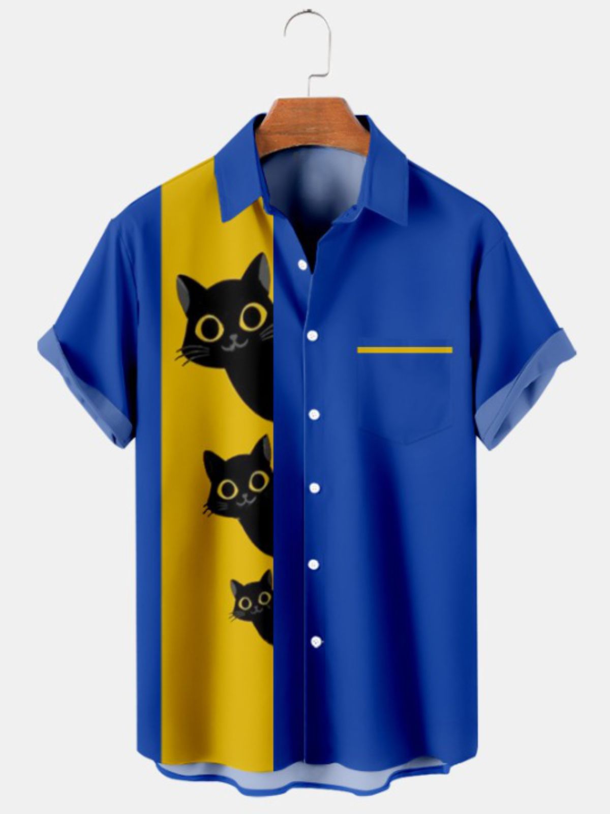 Cartoon Cat Print Pocket Short Sleeved Shirt