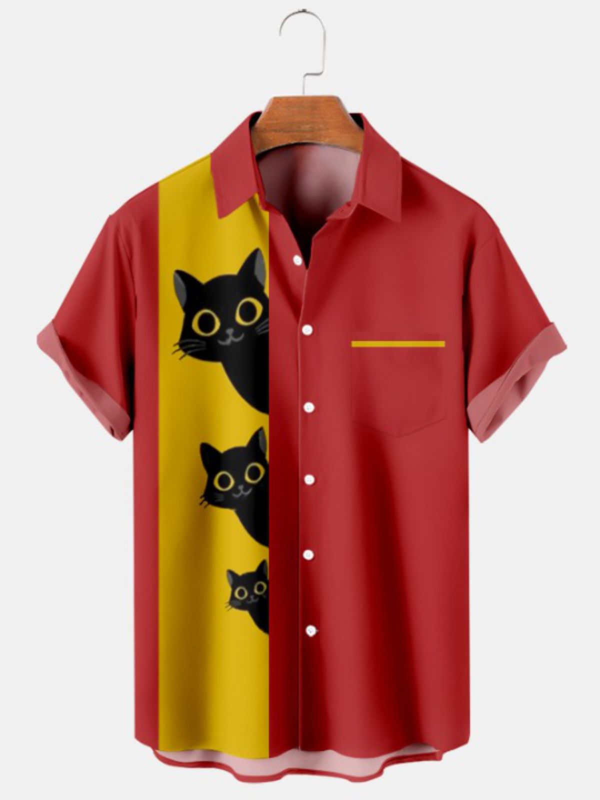 Cartoon Cat Print Pocket Short Sleeved Shirt