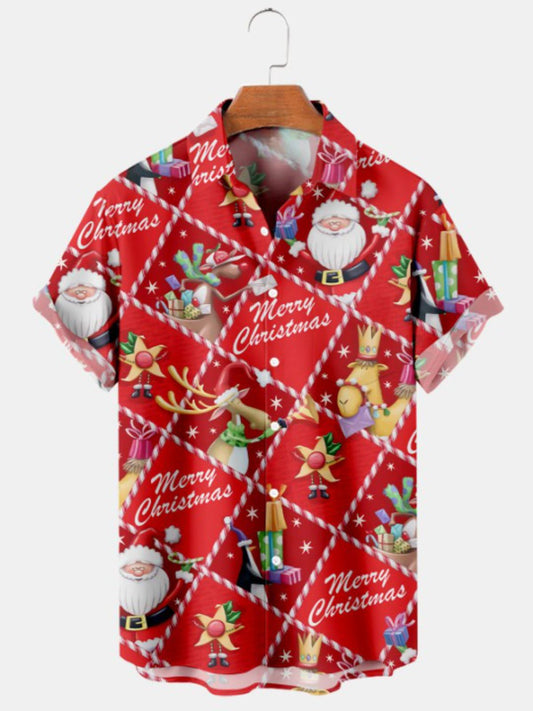 Cartoon Santa Christmas Casual Short Sleeve Shirt