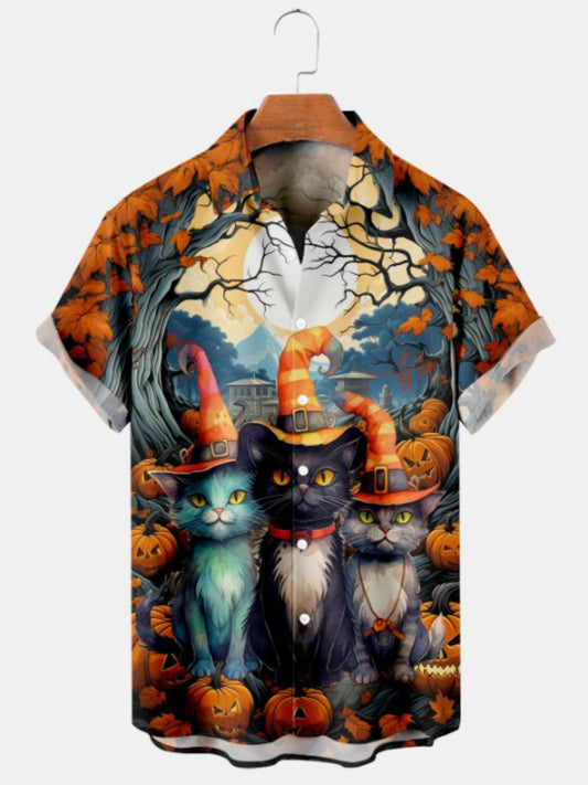 Castle Pumpkin And Cat Print Shirt