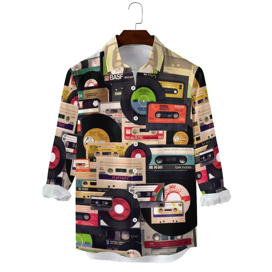 Casual Music Tape Vinyl Record Printed Long Sleeve Shirt