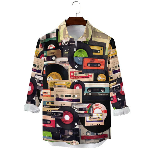 Casual Music Tape Vinyl Record Printed Long Sleeve Shirt