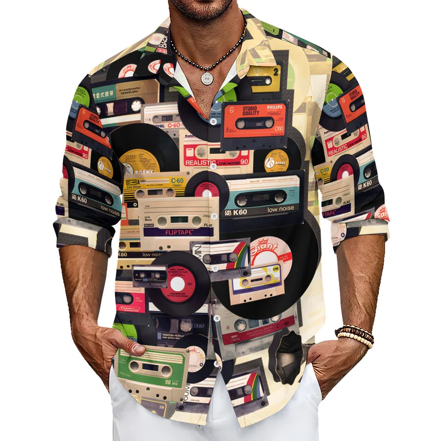 Casual Music Tape Vinyl Record Printed Long Sleeve Shirt