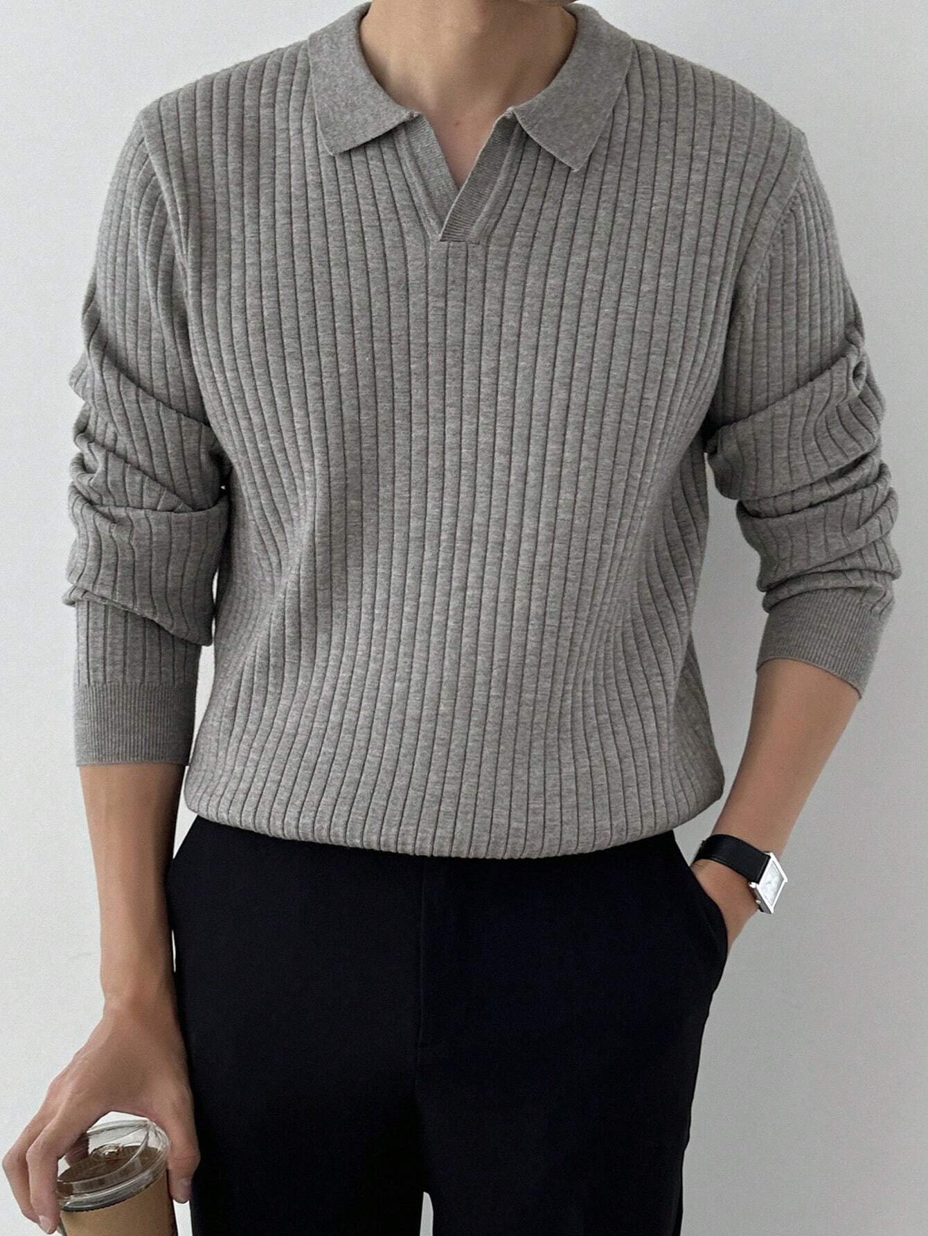 Casual Solid Ribbed Knit Sweater