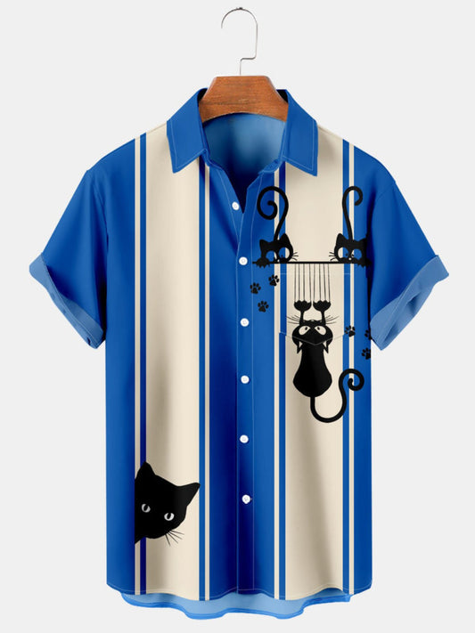 Cat Printed Pocket Short Sleeve Shirt