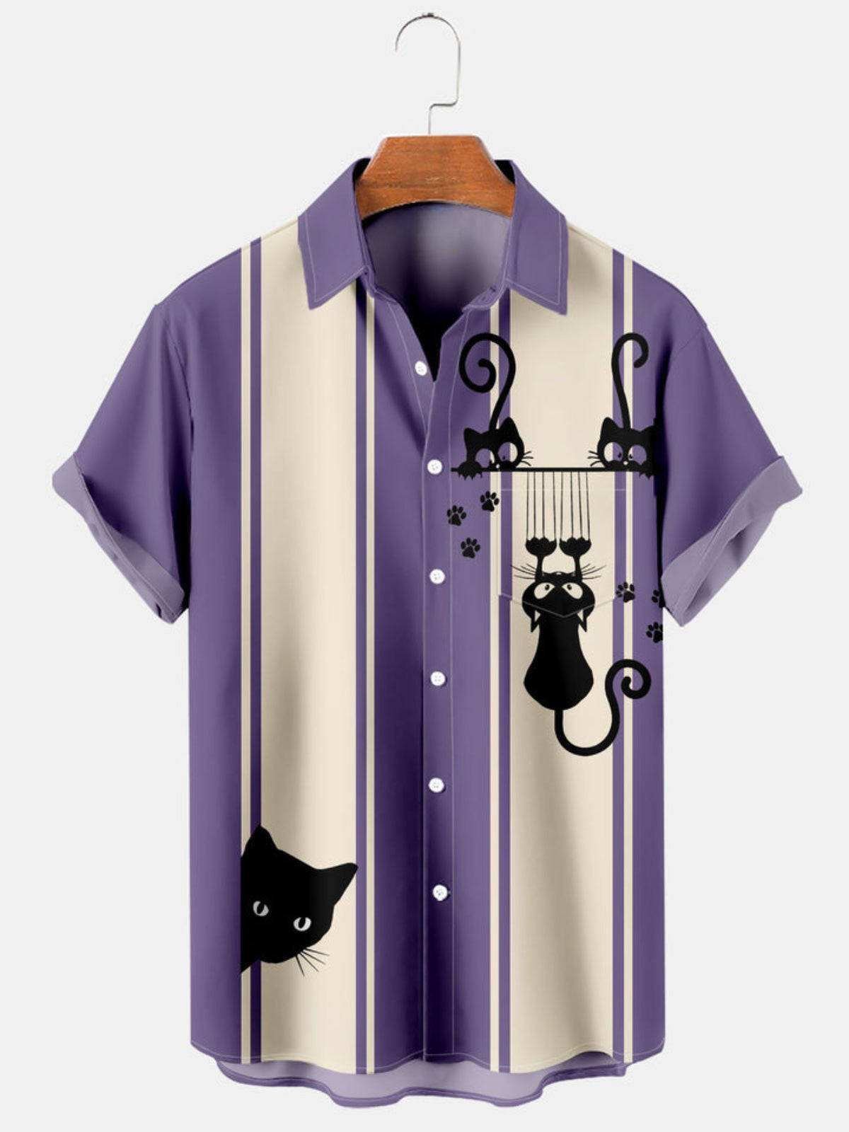 Cat Printed Pocket Short Sleeve Shirt