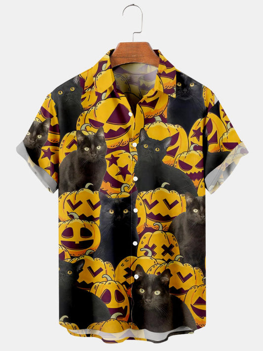 Cat And Halloween Printed Short Sleeve Shirt