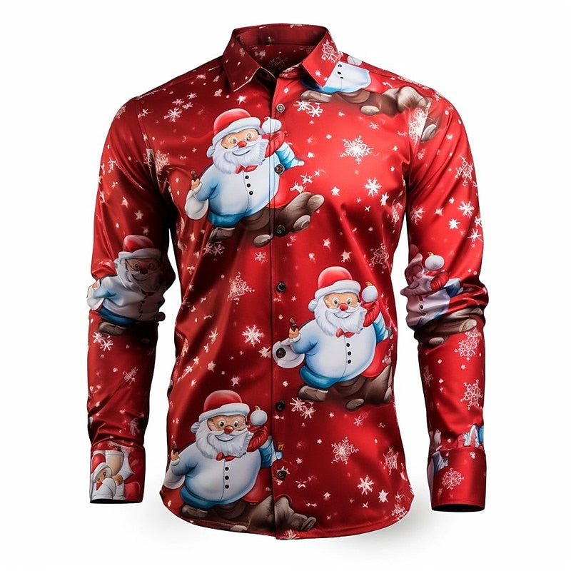 Cheerful Santa And Snowflakes Print Christmas Shirt