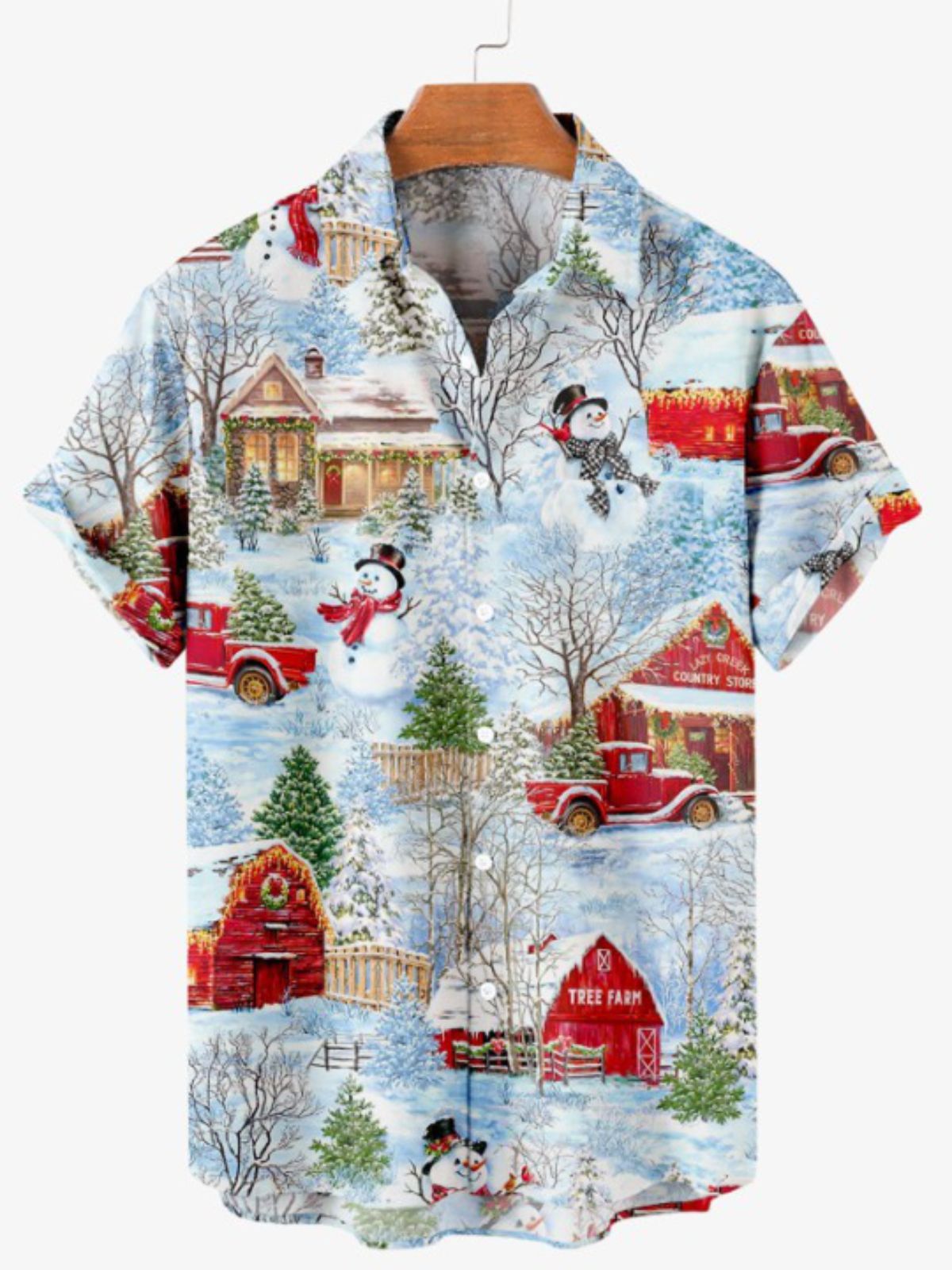 Car Snowman Print Short Sleeve Shirt