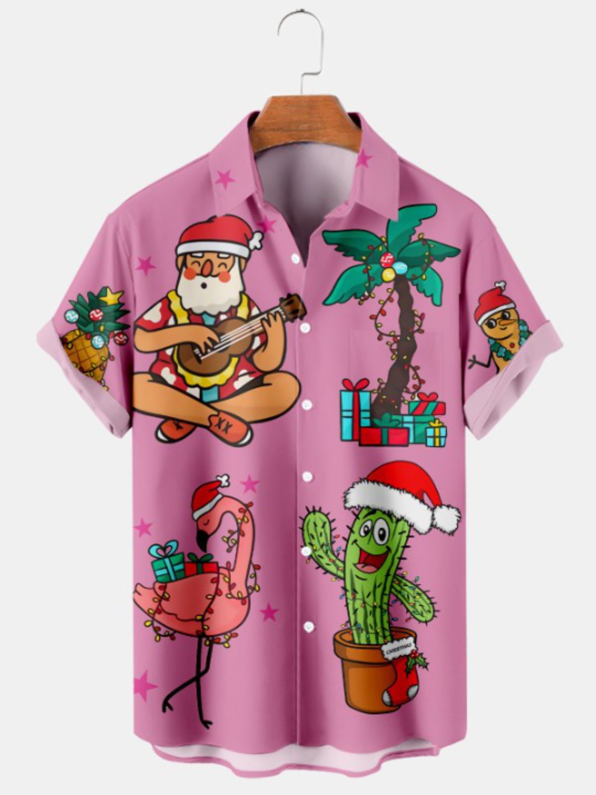 Christmas Santa Flamingo Print Short Sleeve Shirt